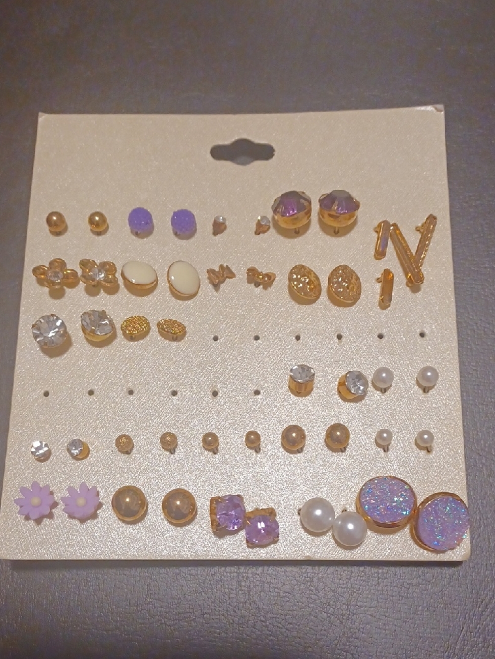 Earrings Gold-Tone Purple & Pearl Studs - 24 Pairs